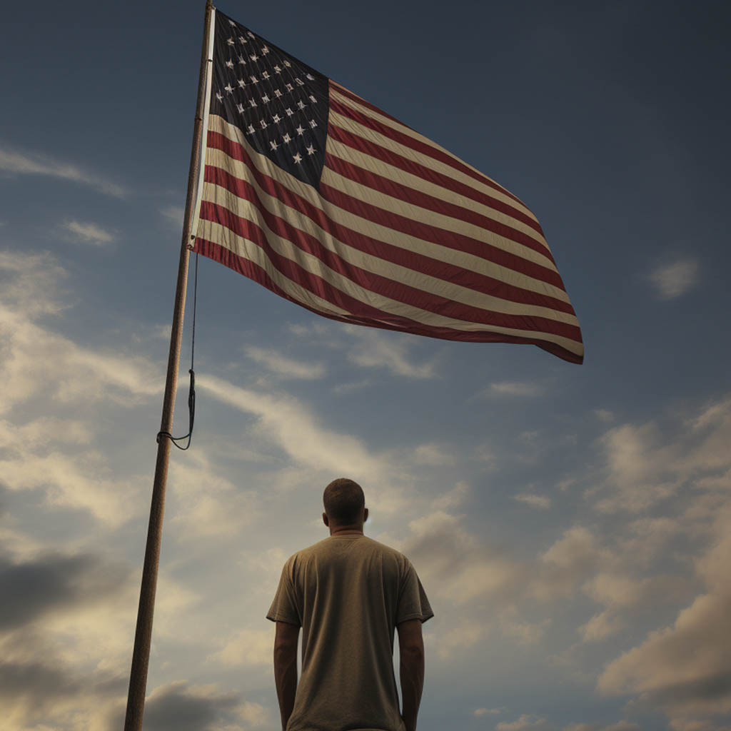 Old American Flag and a man standing by the flagpole