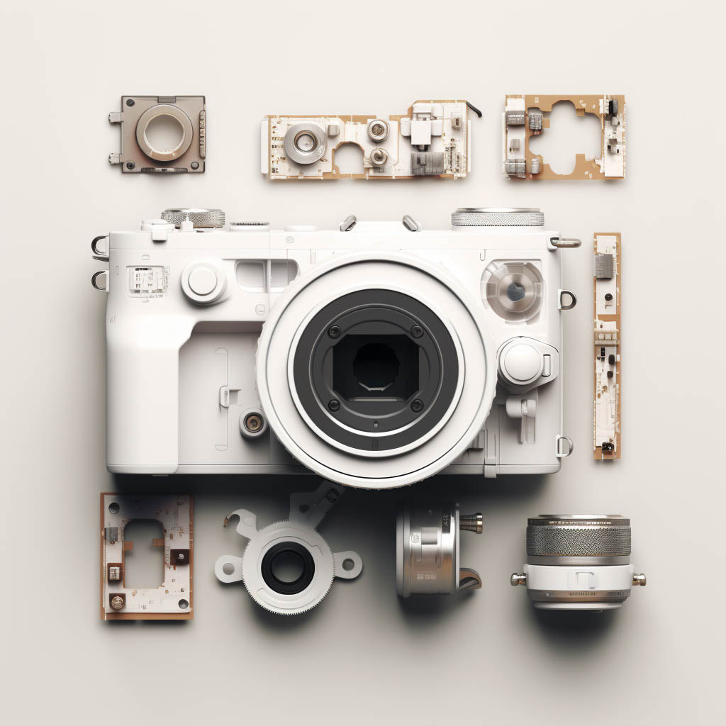 An old camera pulled apart to show off the leads, metals, plastic, and other important pieces