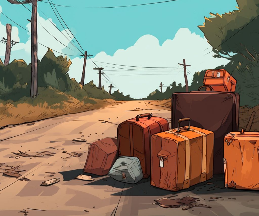 Old boxes and suitcases on the side of the road, illustration