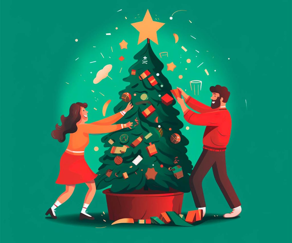 Couple taking down and throwing away a tree, illustration