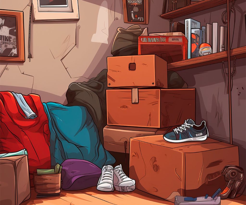 More clutter and boxes in a room, illustration