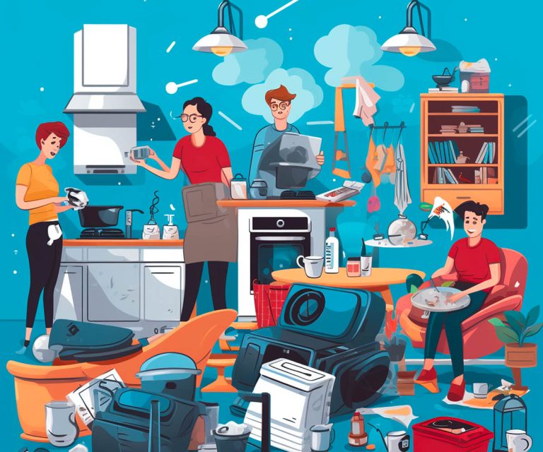 People in a kitchen with too much house clutter, illustration