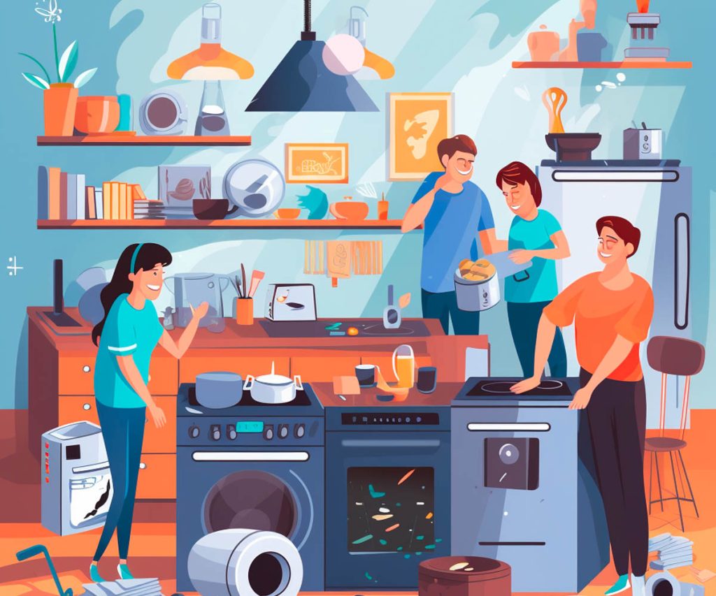 A family of four in a room with a lot of electronics, books, and other clutter everywhere in sight, illustration