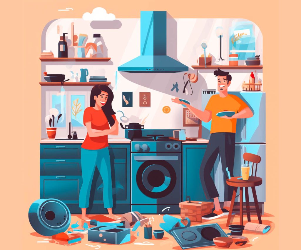 A couple in a room with too much house clutter, illustration