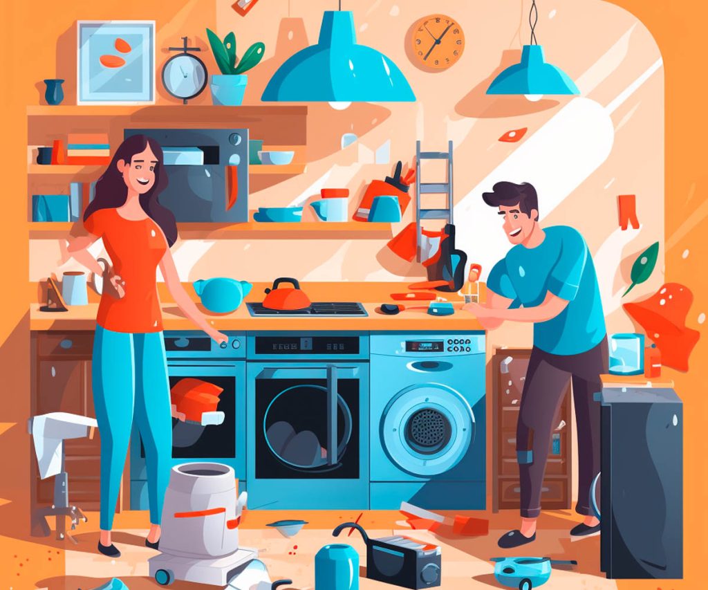 A man and woman in a room with too much house clutter, illustration