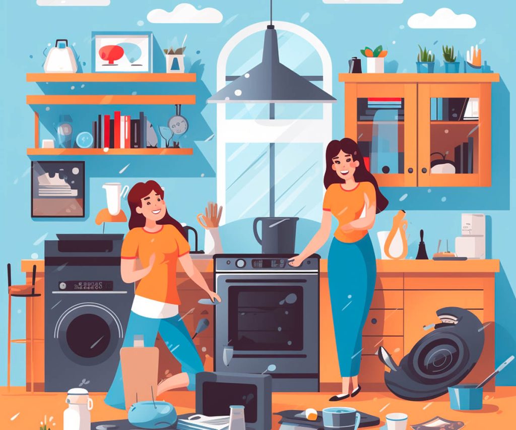 Two women in a room with too much house clutter, illustration