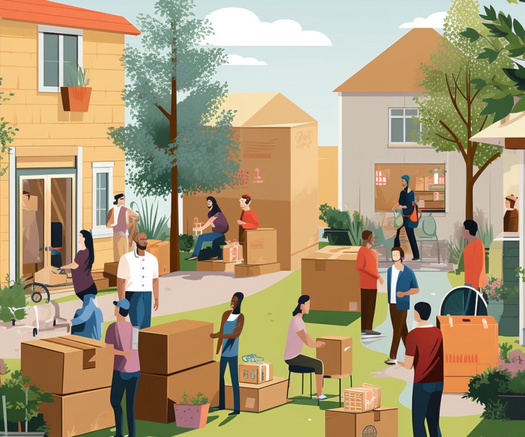 People moving things outside into boxes, illustration