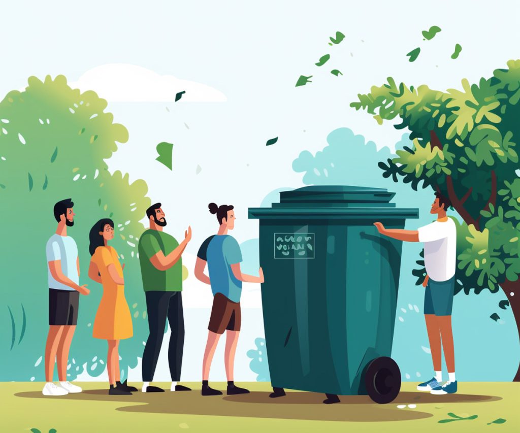 People looking at a giant trash can, illustration
