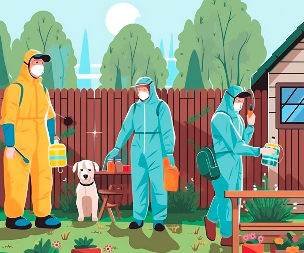Three people and a dog -outside in protective clothing, illustrated