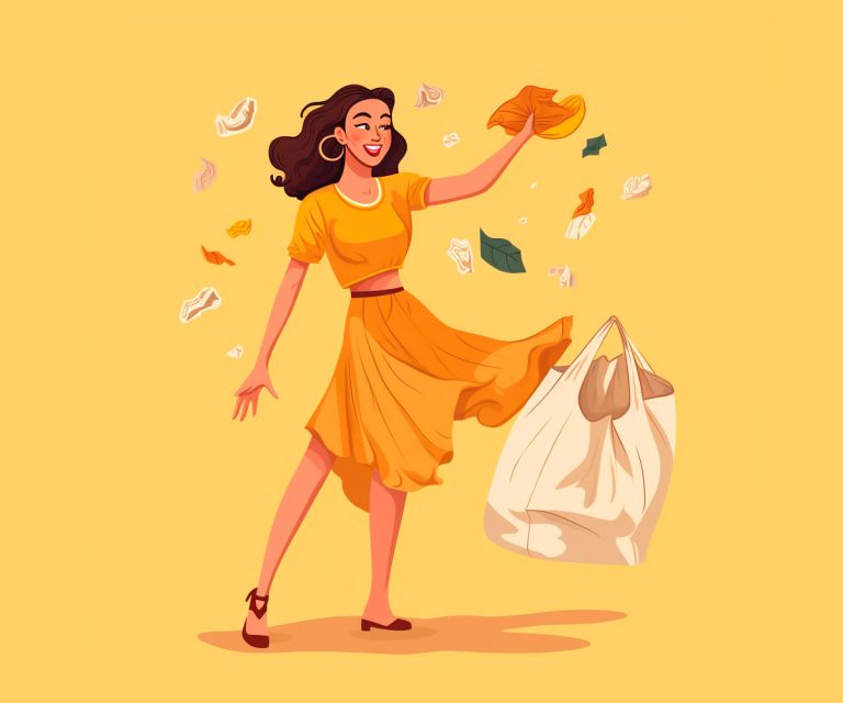 Woman tossing old items from a bag, illustration
