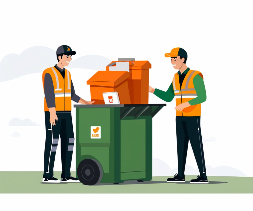 Two men collecting trash, illustration