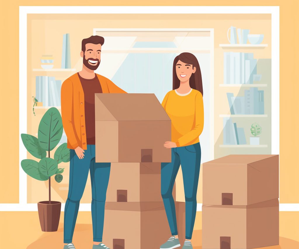 Couple packing things, illustration