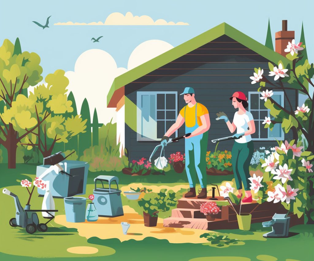 People outside cleaning up, illustration