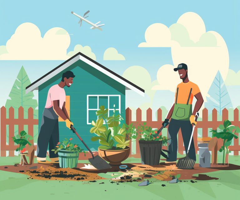 Two guys outside cleaning up, illustration