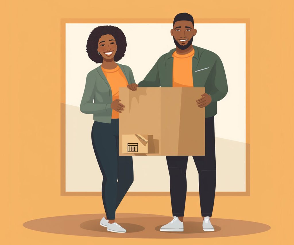 Black couple holding a box - trying to declutter, illustration