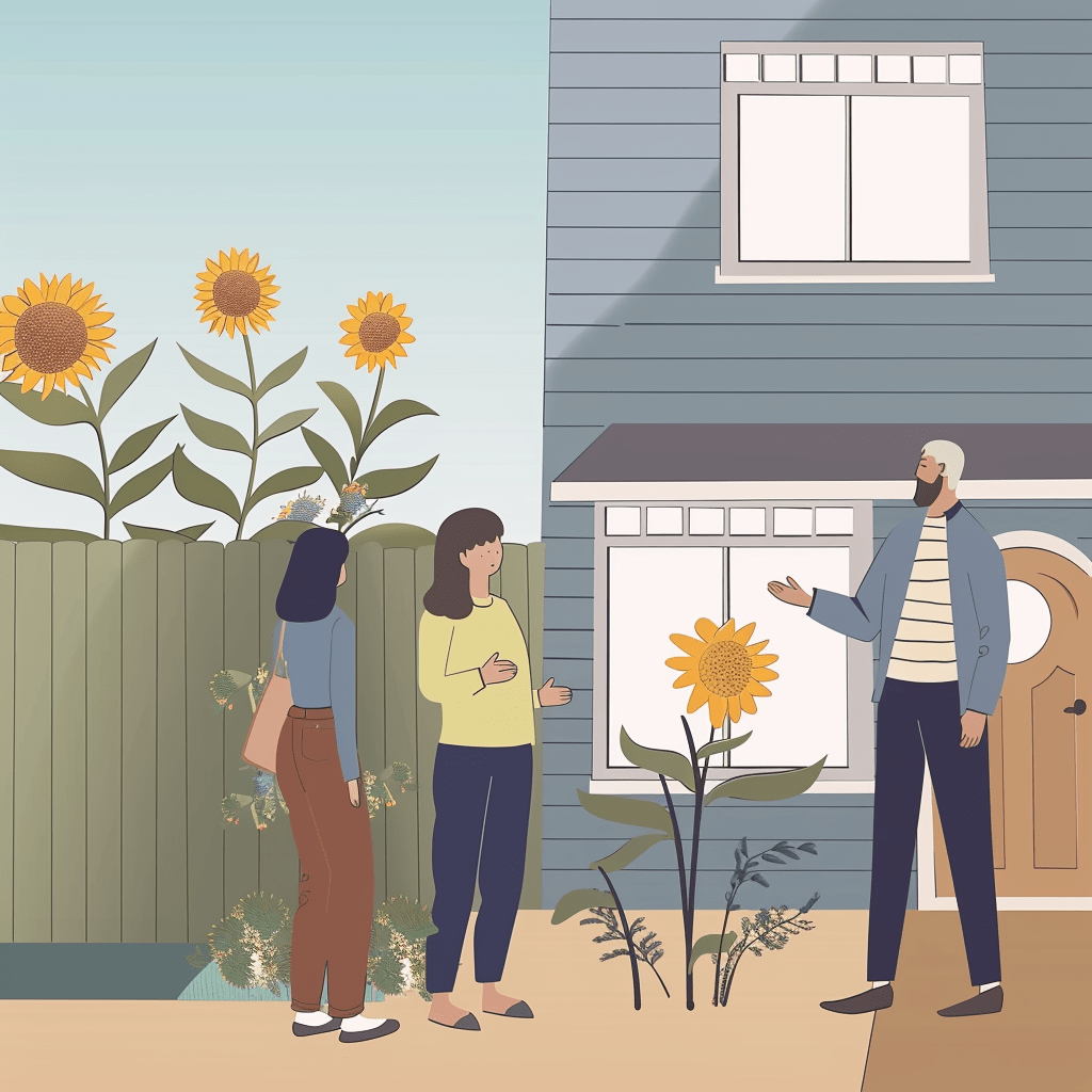 Neighbors talking, sunflowers in the background