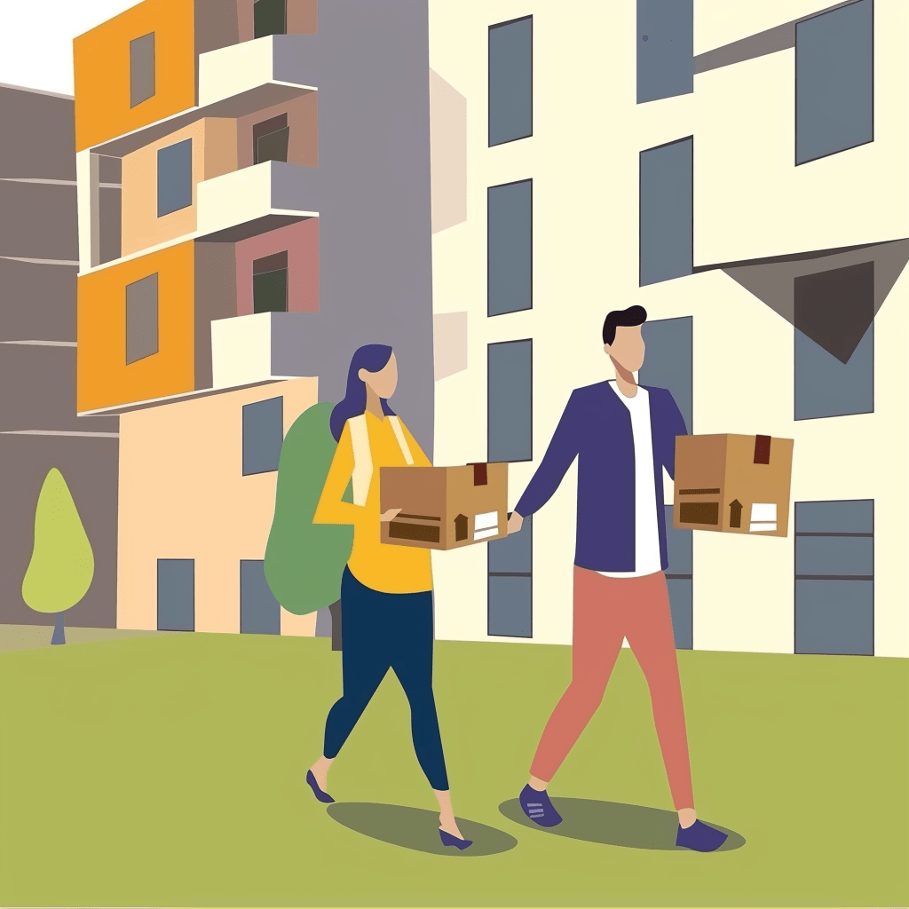 Couple walking with boxes.