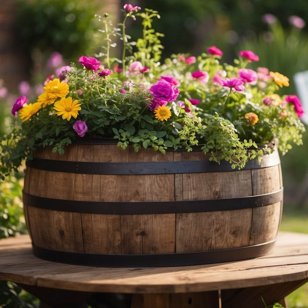 Old barrel being repurposed to be a giant flowerpot