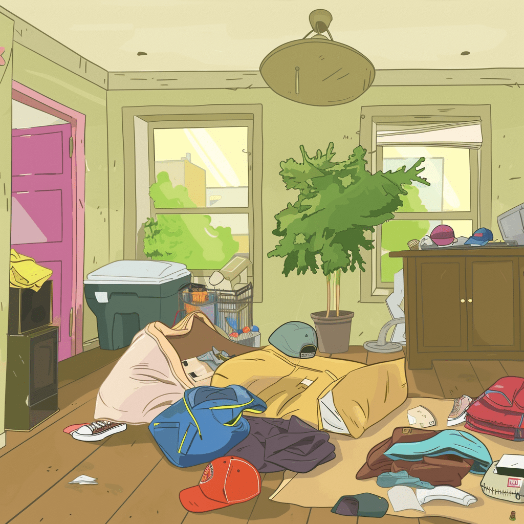 Old bags and towels on the floor